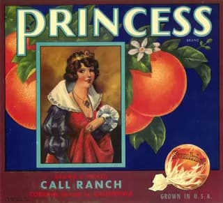 Princess, citrus crate label, navel orange, Corona, Riverside Co., California, 1930