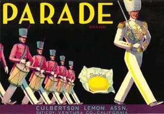 Parade, citrus crate label, lemon, Saticoy, Ventura Co., California