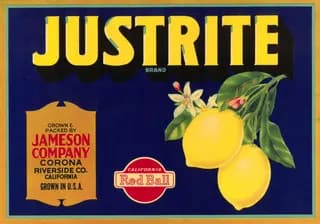 Justrite, citrus crate label, lemon, Corona, Riverside Co., California, 1890-1900