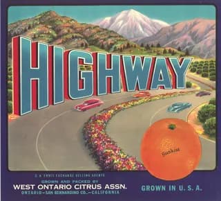 Highway, citrus crate label, orange, Ontario-San Bernardino Co., California, 1890-1900