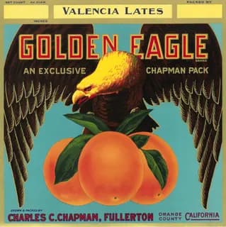 Golden Eagle, citrus crate label, valencia lates, Orange County, California, 1920-1930