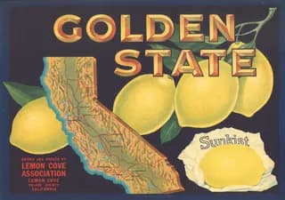 Golden State, citrus crate label, lemon, Lemon Cove, Tulare County, California, 1948