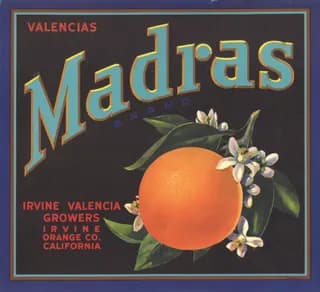 Madras, citrus crate label, valencia, Irvine, Orange Co., California, 1890-1900