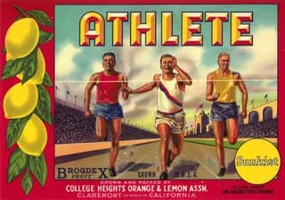 Athlete, citrus crate label, lemon, Claremont, Los Angeles Co., California, 1929