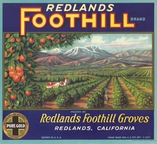 Redlands Foothill, citrus crate label, oranges, Redlands, California, 1927