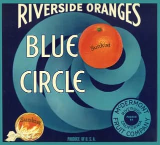 Blue Circle, citrus crate label, riverside oranges, Riverside, California, 1920-1930