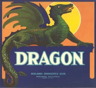 Dragon, citrus crate label, Redlands, California, 1930-1940