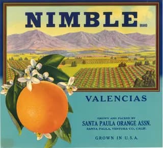 Nimble, citrus crate label, valencias, Santa Paula, Ventura Co., Calif., 1938