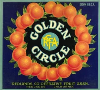 Golden Circle, citrus crate label, oranges, Redlands, California, 1930-1940