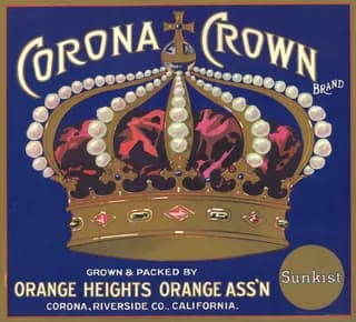 Corona Crown, citrus crate label, Corona, Riverside Co., California, 1910-1920