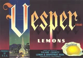 Vesper, citrus crate label, lemons, Porterville, California, 1930-1940