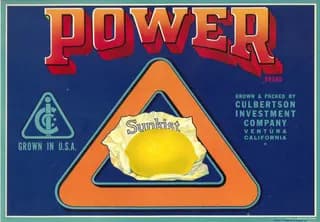 Power, citrus crate label, lemon, Ventura, California, 1900-1910