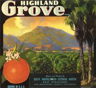 Highland Grove, citrus crate label, orange, East Highlands, San Bernardino County, California, 1932