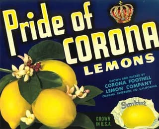 Pride of Corona, citrus crate label, lemons, Corona-Riverside Co. California, 1917
