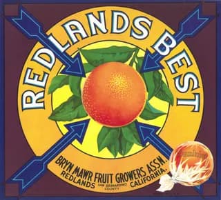 Redlands Best, citrus crate label, orange, Redlands, San Bernardino County, California, 1930-1940