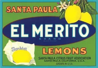 El Merito, citrus crate label, lemons, Santa Paula, California, U.S.A., 1930-1940