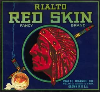 Red Skin, citrus crate label, orange, Rialto, San Bernardino Co., Calif., 1920-1930