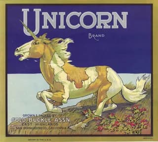 Unicorn, citrus crate label, East Highlands, San Bernardino Co., California, 1920-1930