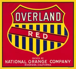 Overland, citrus crate label, red, Riverside, California, ©1902