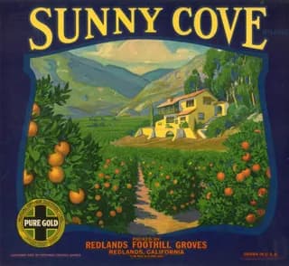 Sunny Cove, citrus crate label, navel orange, Redlands, California, 1931