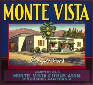 Monte Vista, citrus crate label, washington navels, Riverside, California, 1935