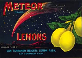 Meteor, citrus crate label, lemons, San Fernando, Calif., 1940-1950