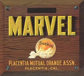 Marvel, citrus crate label, valencias, Placentia, Cal., 1910-1920