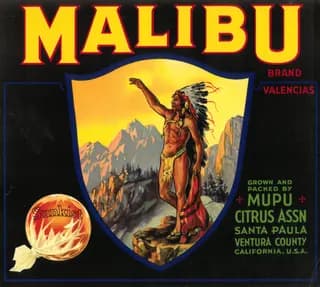 Malibu, citrus crate label, valencias, Santa Paula, Ventura County, California, U.S.A., 1890-1900