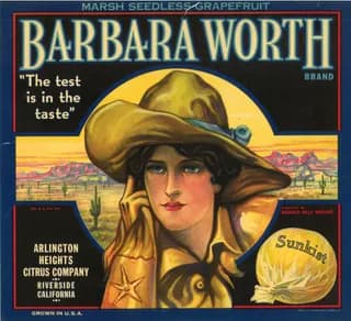 Barbara Worth, citrus crate label, marsh seedless grapefruit, Riverside, California, 1890-1900