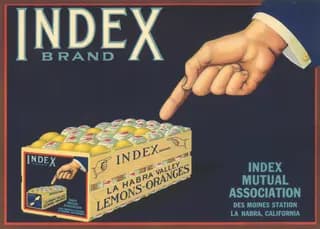 Index, citrus crate label, lemons-oranges, La Habra Valley, 1930