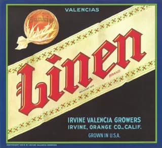 Linen, citrus crate label, valencias, Irvine, Orange Co., Calif., 1929