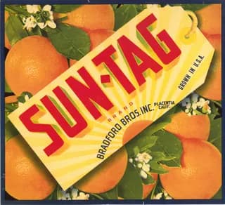 Sun-Tag, citrus crate label, oranges, Placentia, Calif., 1920-1930