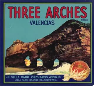 Three Arches, citrus crate label, valencias, Villa Park, Orange Co., California, 1910-1920