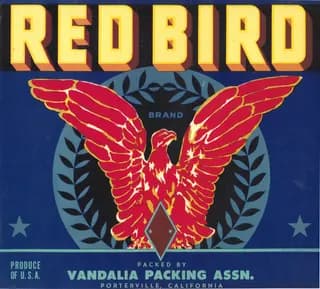 Red Bird, citrus crate label, Porterville, California, 1927