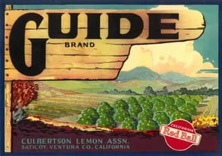 Guide, citrus crate label, lemon, Saticoy, Ventura Co., California, 1918