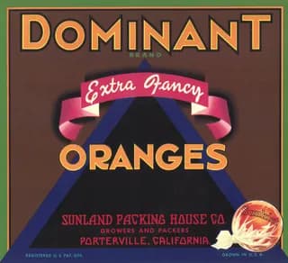 Dominant, citrus crate label, oranges, Porterville, California, 1890-1900