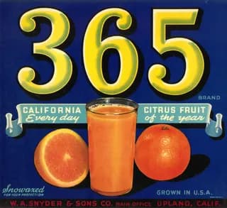 365, citrus crate label, orange, Upland, Calif., ©1927