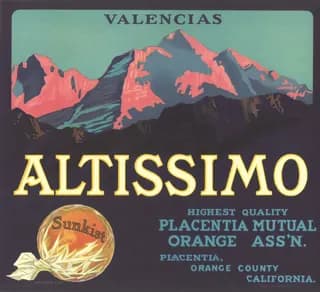 Altissimo, citrus crate label, valencias, Placentia, Orange County, California, 1920-1930