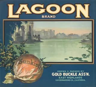 Lagoon, citrus crate label, sunkist, East Highlands, San Bernardino Co., California, 1890-1900