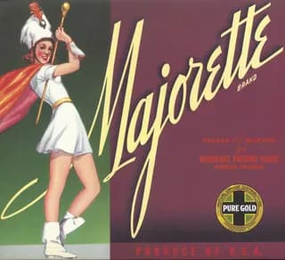 Majorette, citrus crate label, navel orange, Woodlake, California, 1890-1900