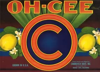 OH-CEE, citrus crate label, lemon, Orange Cove, California, 1916