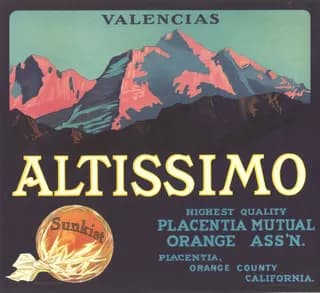Altissimo, citrus crate label, valencias, Placentia, Orange County, California, 1948
