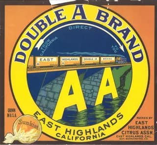 Double A Brand, citrus crate label, East Highlands, California, 1910-1920