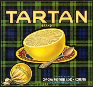 Tartan, citrus crate label, lemon, Corona, Riverside Co., Calif., 1930-1940