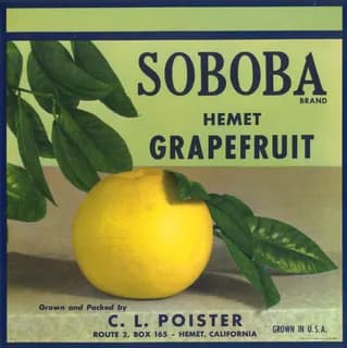 Soboba, citrus crate label, grapefruit, Hemet, California, 1920-1930