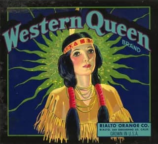 Western Queen, citrus crate label, orange, Rialto, San Bernardino Co. Calif., 1890-1900