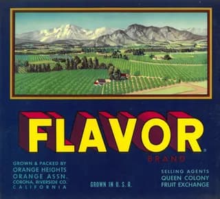 Flavor, citrus crate label, navel orange, Corona, Riverside Co., California, 1919
