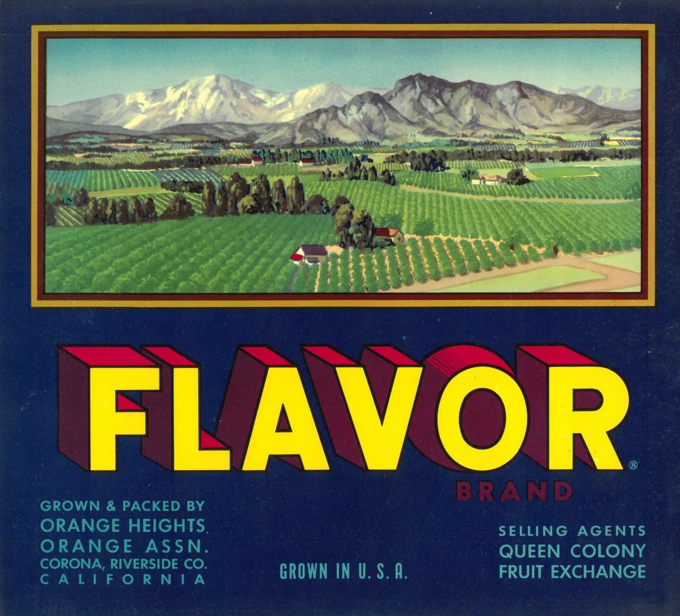 Flavor, citrus crate label, navel orange, Corona, Riverside Co., California, 1919