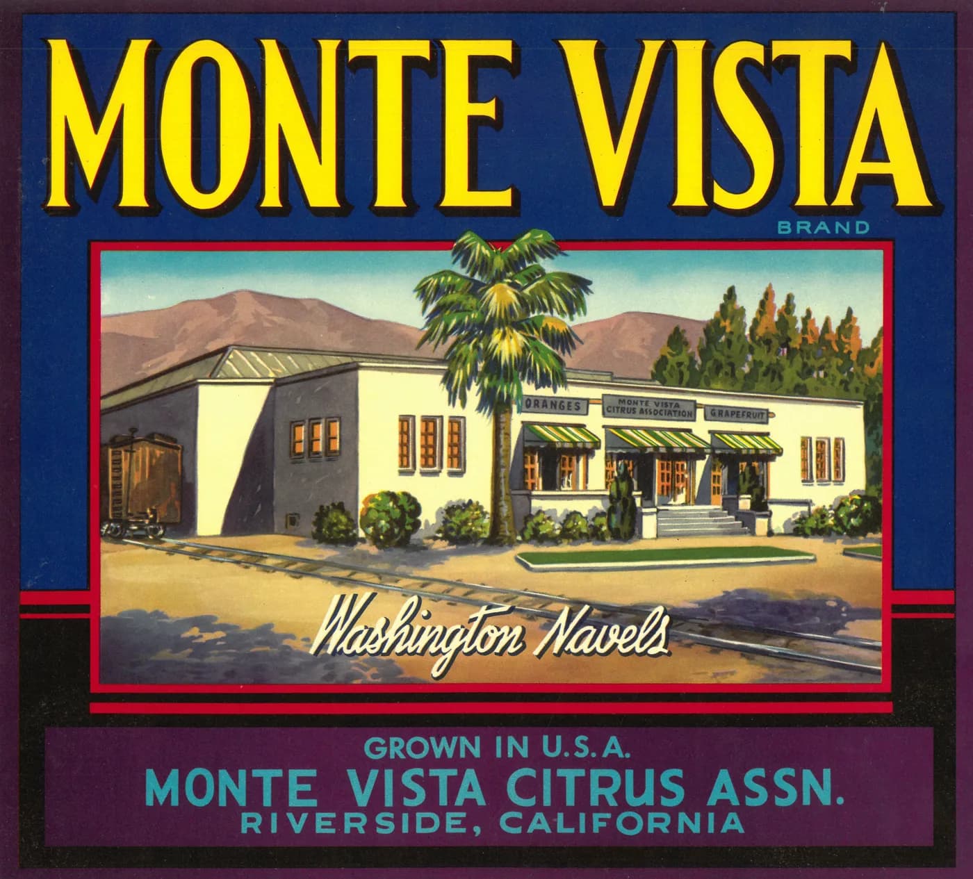 Monte Vista, citrus crate label, washington navels, Riverside, California, 1890-1900