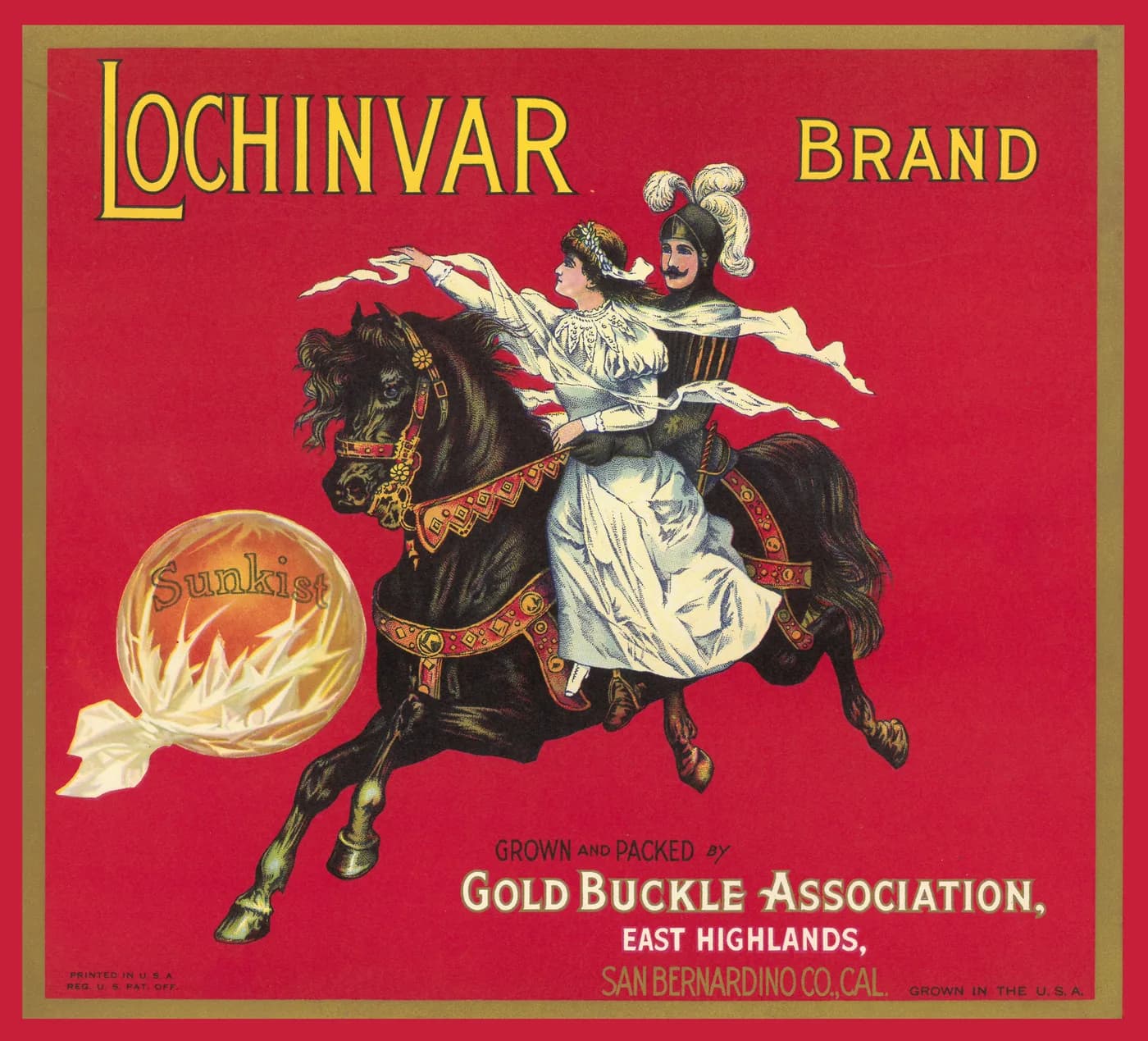 Lochinvar, citrus crate label, sunkist, East Highlands, San Bernardino Co., Cal., 1920-1930